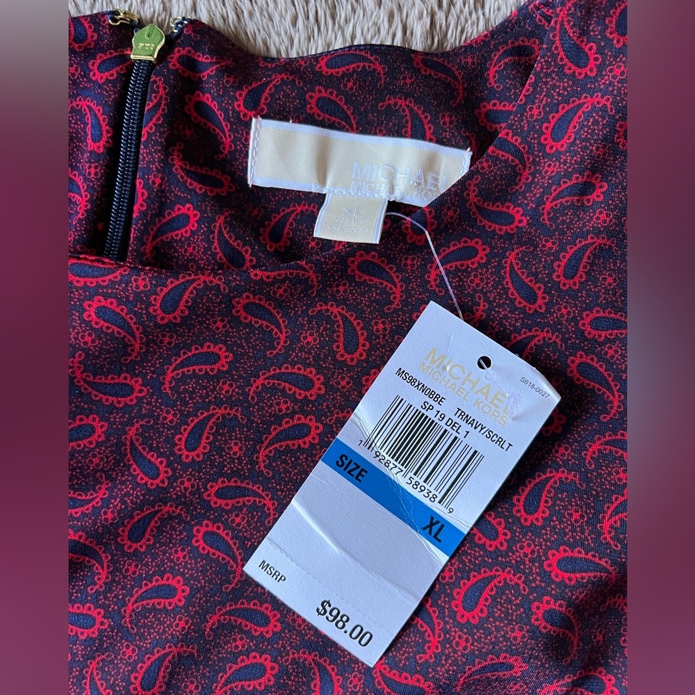 NWT Michael Kors Women's Burgundy Blue Paisley Print Short Sleeve Dress XL - Picture 4 of 8
